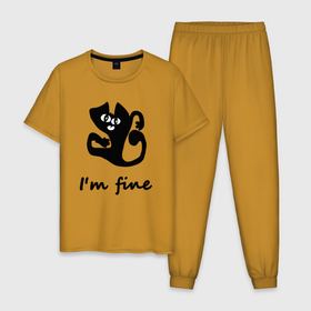 Мужская пижама хлопок с принтом Im fine абстракция кота в Тюмени, 100% хлопок | брюки и футболка прямого кроя, без карманов, на брюках мягкая резинка на поясе и по низу штанин
 | Тематика изображения на принте: 