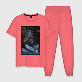 Мужская пижама хлопок с принтом Кот   задрот в Кировске, 100% хлопок | брюки и футболка прямого кроя, без карманов, на брюках мягкая резинка на поясе и по низу штанин
 | Тематика изображения на принте: 