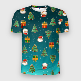 Мужская футболка 3D Slim с принтом Подарки новогодние елки и Санта   паттерн градиент в Белгороде, 100% полиэстер с улучшенными характеристиками | приталенный силуэт, круглая горловина, широкие плечи, сужается к линии бедра | Тематика изображения на принте: 