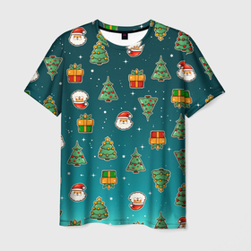 Мужская футболка 3D с принтом Подарки новогодние елки и Санта   паттерн градиент , 100% полиэфир | прямой крой, круглый вырез горловины, длина до линии бедер | 