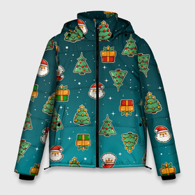 Мужская зимняя куртка 3D с принтом Подарки новогодние елки и Санта   паттерн градиент в Тюмени, верх — 100% полиэстер; подкладка — 100% полиэстер; утеплитель — 100% полиэстер | длина ниже бедра, свободный силуэт Оверсайз. Есть воротник-стойка, отстегивающийся капюшон и ветрозащитная планка. 

Боковые карманы с листочкой на кнопках и внутренний карман на молнии. | Тематика изображения на принте: 