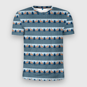 Мужская футболка 3D Slim с принтом Олени в синем лесу в Курске, 100% полиэстер с улучшенными характеристиками | приталенный силуэт, круглая горловина, широкие плечи, сужается к линии бедра | Тематика изображения на принте: 