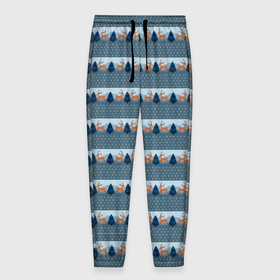 Мужские брюки 3D с принтом Олени в синем лесу в Белгороде, 100% полиэстер | манжеты по низу, эластичный пояс регулируется шнурком, по бокам два кармана без застежек, внутренняя часть кармана из мелкой сетки | Тематика изображения на принте: 