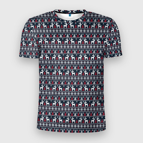 Мужская футболка 3D Slim с принтом Новогодние олени с елочками в Курске, 100% полиэстер с улучшенными характеристиками | приталенный силуэт, круглая горловина, широкие плечи, сужается к линии бедра | Тематика изображения на принте: 