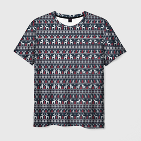 Мужская футболка 3D с принтом Новогодние олени с елочками в Курске, 100% полиэфир | прямой крой, круглый вырез горловины, длина до линии бедер | Тематика изображения на принте: 