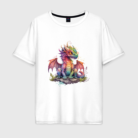 Мужская футболка хлопок Oversize с принтом Радужный дракон в Санкт-Петербурге, 100% хлопок | свободный крой, круглый ворот, “спинка” длиннее передней части | Тематика изображения на принте: 