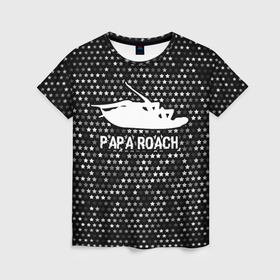 Женская футболка 3D с принтом Papa Roach glitch на темном фоне , 100% полиэфир ( синтетическое хлопкоподобное полотно) | прямой крой, круглый вырез горловины, длина до линии бедер | 
