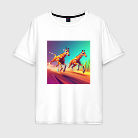 Мужская футболка хлопок Oversize с принтом Два бегущих жирафа в стиле кубизма в Курске, 100% хлопок | свободный крой, круглый ворот, “спинка” длиннее передней части | 