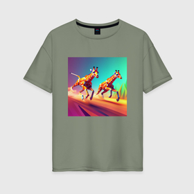 Женская футболка хлопок Oversize с принтом Два бегущих жирафа в стиле кубизма в Петрозаводске, 100% хлопок | свободный крой, круглый ворот, спущенный рукав, длина до линии бедер
 | 