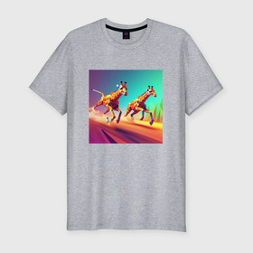Мужская футболка хлопок Slim с принтом Два бегущих жирафа в стиле кубизма в Кировске, 92% хлопок, 8% лайкра | приталенный силуэт, круглый вырез ворота, длина до линии бедра, короткий рукав | 