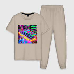 Мужская пижама хлопок с принтом Клавиатура геймера в Курске, 100% хлопок | брюки и футболка прямого кроя, без карманов, на брюках мягкая резинка на поясе и по низу штанин
 | 
