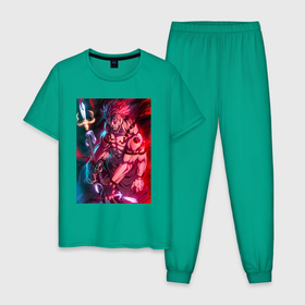 Мужская пижама хлопок с принтом Сукуна в истинной форме в Тюмени, 100% хлопок | брюки и футболка прямого кроя, без карманов, на брюках мягкая резинка на поясе и по низу штанин
 | Тематика изображения на принте: 