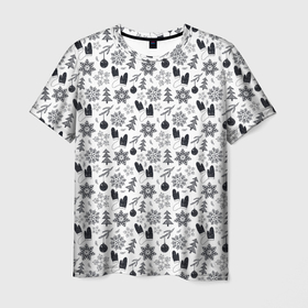 Мужская футболка 3D с принтом Чёрно   белый новогодний узор в Тюмени, 100% полиэфир | прямой крой, круглый вырез горловины, длина до линии бедер | Тематика изображения на принте: 