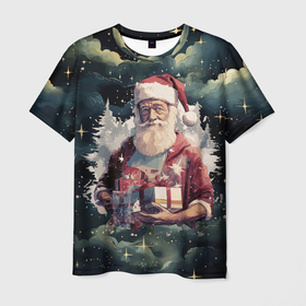 Мужская футболка 3D с принтом Санта с подарками в Екатеринбурге, 100% полиэфир | прямой крой, круглый вырез горловины, длина до линии бедер | 
