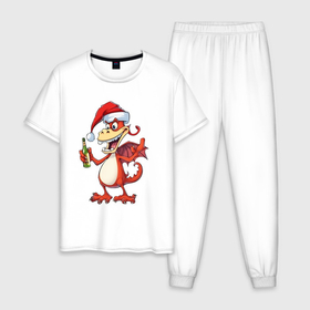 Мужская пижама хлопок с принтом Новогодний дракон с шампанским , 100% хлопок | брюки и футболка прямого кроя, без карманов, на брюках мягкая резинка на поясе и по низу штанин
 | 