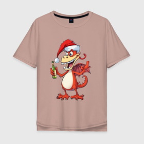 Мужская футболка хлопок Oversize с принтом Новогодний дракон с шампанским , 100% хлопок | свободный крой, круглый ворот, “спинка” длиннее передней части | 