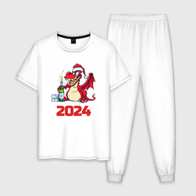 Мужская пижама хлопок с принтом Красный дракон  2024 в Курске, 100% хлопок | брюки и футболка прямого кроя, без карманов, на брюках мягкая резинка на поясе и по низу штанин
 | 