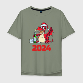 Мужская футболка хлопок Oversize с принтом Красный дракон  2024 в Екатеринбурге, 100% хлопок | свободный крой, круглый ворот, “спинка” длиннее передней части | 