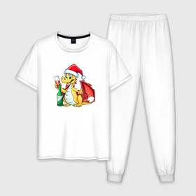 Мужская пижама хлопок с принтом Красный дракон  с шампанским в Курске, 100% хлопок | брюки и футболка прямого кроя, без карманов, на брюках мягкая резинка на поясе и по низу штанин
 | 