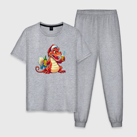 Мужская пижама хлопок с принтом Дракон красный  2024 в Курске, 100% хлопок | брюки и футболка прямого кроя, без карманов, на брюках мягкая резинка на поясе и по низу штанин
 | 