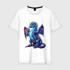 Мужская футболка хлопок с принтом Синий новогодний  дракон , 100% хлопок | прямой крой, круглый вырез горловины, длина до линии бедер, слегка спущенное плечо. | 