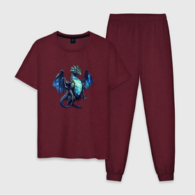 Мужская пижама хлопок с принтом Синий дракон нового года в Петрозаводске, 100% хлопок | брюки и футболка прямого кроя, без карманов, на брюках мягкая резинка на поясе и по низу штанин
 | Тематика изображения на принте: 