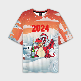 Мужская футболка oversize 3D с принтом Дракон  с  шампанским 2024 ,  |  | Тематика изображения на принте: 