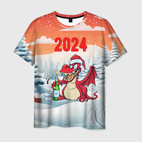 Мужская футболка 3D с принтом Дракон  с  шампанским 2024 , 100% полиэфир | прямой крой, круглый вырез горловины, длина до линии бедер | 