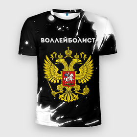 Мужская футболка 3D Slim с принтом Воллейболист из России и герб РФ в Белгороде, 100% полиэстер с улучшенными характеристиками | приталенный силуэт, круглая горловина, широкие плечи, сужается к линии бедра | 