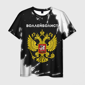 Мужская футболка 3D с принтом Воллейболист из России и герб РФ в Кировске, 100% полиэфир | прямой крой, круглый вырез горловины, длина до линии бедер | 