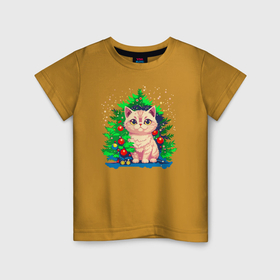 Детская футболка хлопок с принтом Милый котик под новогодней елкой , 100% хлопок | круглый вырез горловины, полуприлегающий силуэт, длина до линии бедер | 