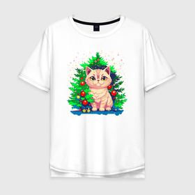 Мужская футболка хлопок Oversize с принтом Милый котик под новогодней елкой в Екатеринбурге, 100% хлопок | свободный крой, круглый ворот, “спинка” длиннее передней части | Тематика изображения на принте: 