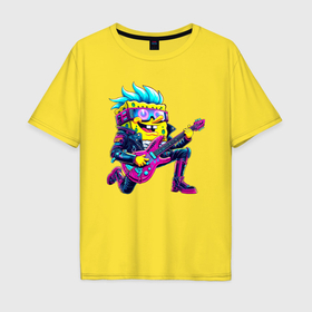Мужская футболка хлопок Oversize с принтом Губка Боб   рок гитарист   нейросеть в Курске, 100% хлопок | свободный крой, круглый ворот, “спинка” длиннее передней части | 