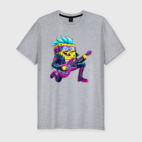 Мужская футболка хлопок Slim с принтом Губка Боб   рок гитарист   нейросеть в Курске, 92% хлопок, 8% лайкра | приталенный силуэт, круглый вырез ворота, длина до линии бедра, короткий рукав | 