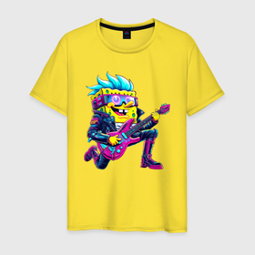 Мужская футболка хлопок с принтом Губка Боб   рок гитарист   нейросеть в Кировске, 100% хлопок | прямой крой, круглый вырез горловины, длина до линии бедер, слегка спущенное плечо. | 