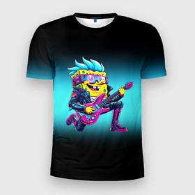 Мужская футболка 3D Slim с принтом Sponge Bob   rock guitarist   ai art в Кировске, 100% полиэстер с улучшенными характеристиками | приталенный силуэт, круглая горловина, широкие плечи, сужается к линии бедра | 