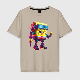 Мужская футболка хлопок Oversize с принтом Sponge Bob   cyberpunk   ai art в Курске, 100% хлопок | свободный крой, круглый ворот, “спинка” длиннее передней части | Тематика изображения на принте: 