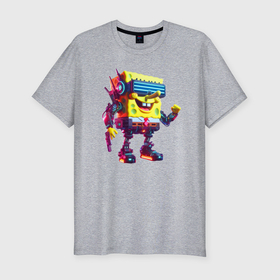 Мужская футболка хлопок Slim с принтом Sponge Bob   cyberpunk   ai art в Курске, 92% хлопок, 8% лайкра | приталенный силуэт, круглый вырез ворота, длина до линии бедра, короткий рукав | 