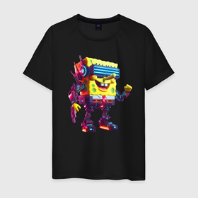Мужская футболка хлопок с принтом Sponge Bob   cyberpunk   ai art в Курске, 100% хлопок | прямой крой, круглый вырез горловины, длина до линии бедер, слегка спущенное плечо. | Тематика изображения на принте: 