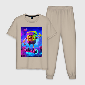 Мужская пижама хлопок с принтом Sponge Bob on a gyro scooter   ai art в Курске, 100% хлопок | брюки и футболка прямого кроя, без карманов, на брюках мягкая резинка на поясе и по низу штанин
 | 