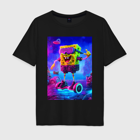Мужская футболка хлопок Oversize с принтом Sponge Bob on a gyro scooter   ai art в Курске, 100% хлопок | свободный крой, круглый ворот, “спинка” длиннее передней части | Тематика изображения на принте: 