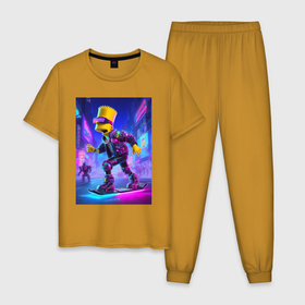Мужская пижама хлопок с принтом Bart Simpson on a hoverboard   ai art в Кировске, 100% хлопок | брюки и футболка прямого кроя, без карманов, на брюках мягкая резинка на поясе и по низу штанин
 | 