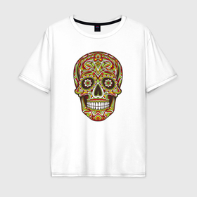 Мужская футболка хлопок Oversize с принтом Череп декоративный мексиканский в Тюмени, 100% хлопок | свободный крой, круглый ворот, “спинка” длиннее передней части | Тематика изображения на принте: 