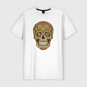 Мужская футболка хлопок Slim с принтом Череп декоративный мексиканский в Курске, 92% хлопок, 8% лайкра | приталенный силуэт, круглый вырез ворота, длина до линии бедра, короткий рукав | 