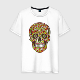 Мужская футболка хлопок с принтом Череп декоративный мексиканский в Екатеринбурге, 100% хлопок | прямой крой, круглый вырез горловины, длина до линии бедер, слегка спущенное плечо. | 