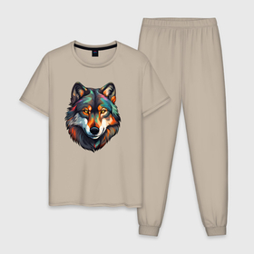 Мужская пижама хлопок с принтом Цветной портрет волка в Петрозаводске, 100% хлопок | брюки и футболка прямого кроя, без карманов, на брюках мягкая резинка на поясе и по низу штанин
 | 