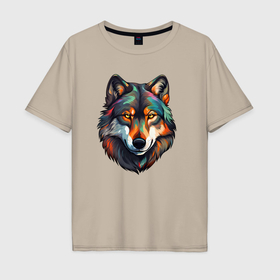 Мужская футболка хлопок Oversize с принтом Цветной портрет волка в Петрозаводске, 100% хлопок | свободный крой, круглый ворот, “спинка” длиннее передней части | 