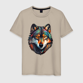 Мужская футболка хлопок с принтом Цветной портрет волка в Петрозаводске, 100% хлопок | прямой крой, круглый вырез горловины, длина до линии бедер, слегка спущенное плечо. | 
