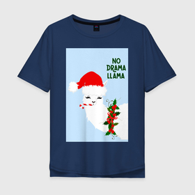 Мужская футболка хлопок Oversize с принтом Лама Санта Клаус no drama llama в Петрозаводске, 100% хлопок | свободный крой, круглый ворот, “спинка” длиннее передней части | Тематика изображения на принте: 