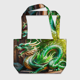 Пляжная сумка 3D с принтом Нейросеть   зелёный деревянный дракон в Кировске, 100% полиэстер | застегивается на металлическую кнопку; внутренний карман застегивается на молнию. Стенки укреплены специальным мягким материалом, чтобы защитить содержимое от несильных ударов
 | 
